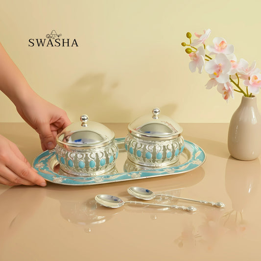 Swasha German Silver Dry Fruits Server Bowls with Tray (Small)