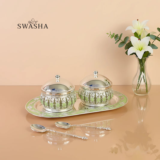 Swasha Premium Dry Fruits Server Set with Tray & Lids – German Silver Gift Item (Green)