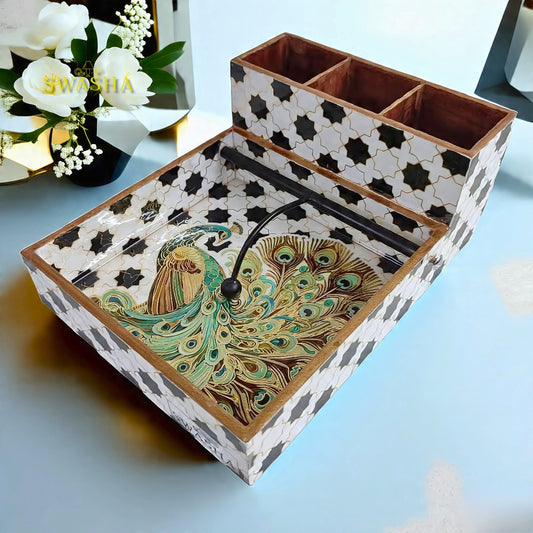 Swasha Glossy Resin Finish Wooden Tissue Cum Cutlery Organizer