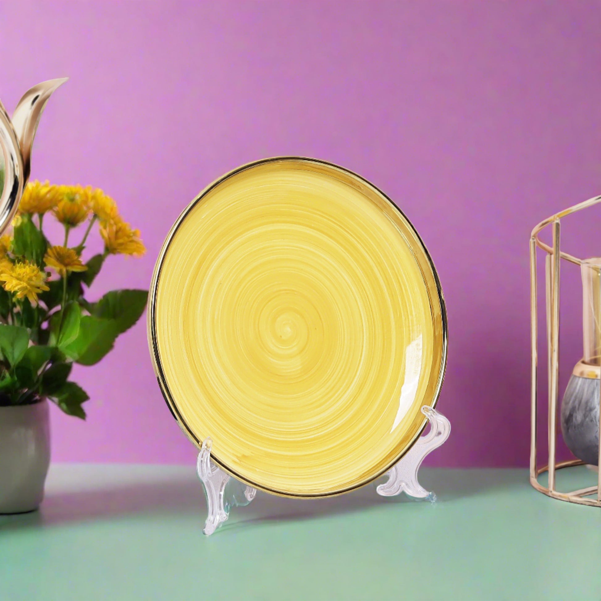 Classic ceramic dinner plate in pristine yellow- perfect for elegant dining settings