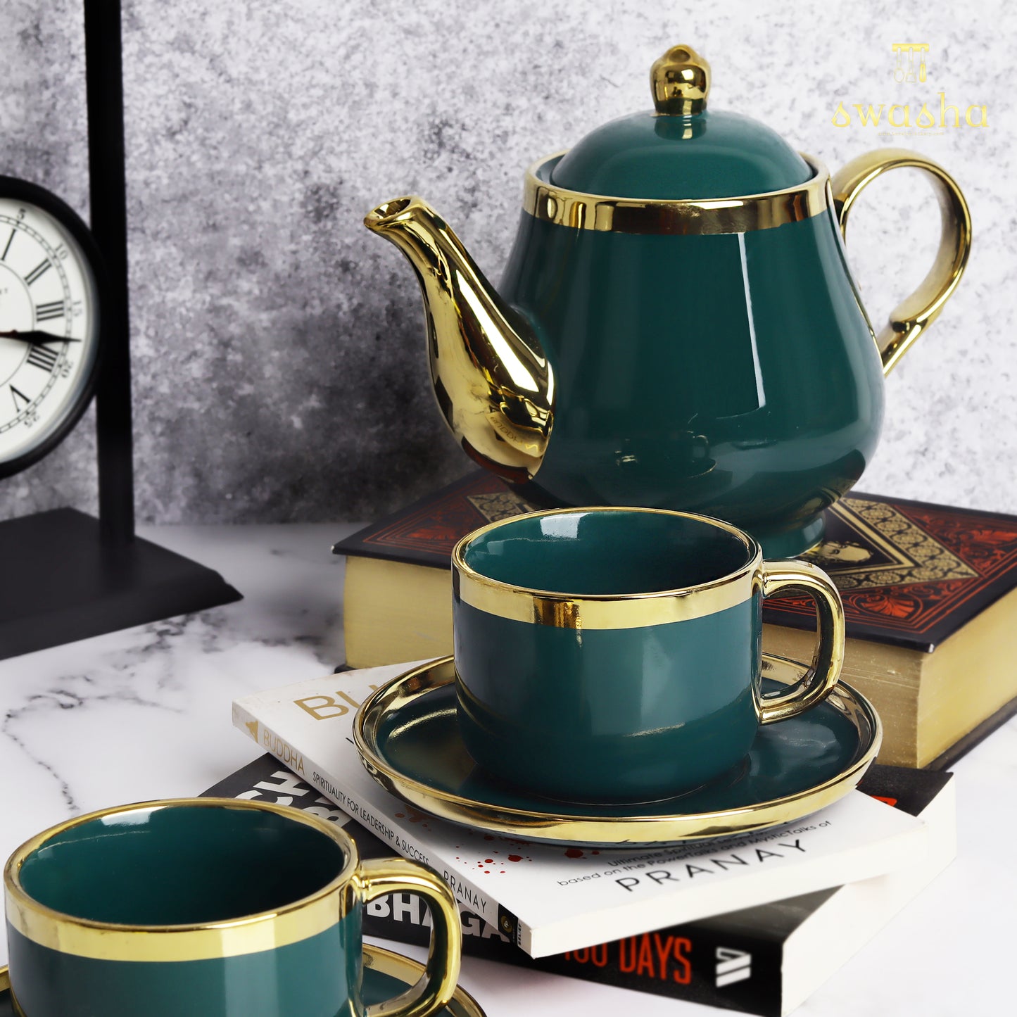 Swasha Home Decor - Ceramic Cups, Saucers, and Kettle Set: Elegance Meets Functionality