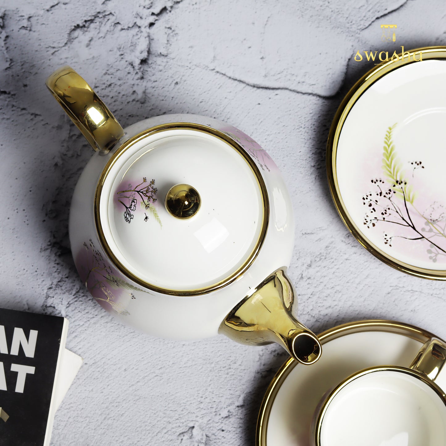Swasha Home Decor - Ceramic Cups, Saucers, and Kettle Set: Elegance Meets Functionality