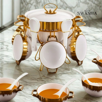 Swasha Porcelain White Golden Soup Set