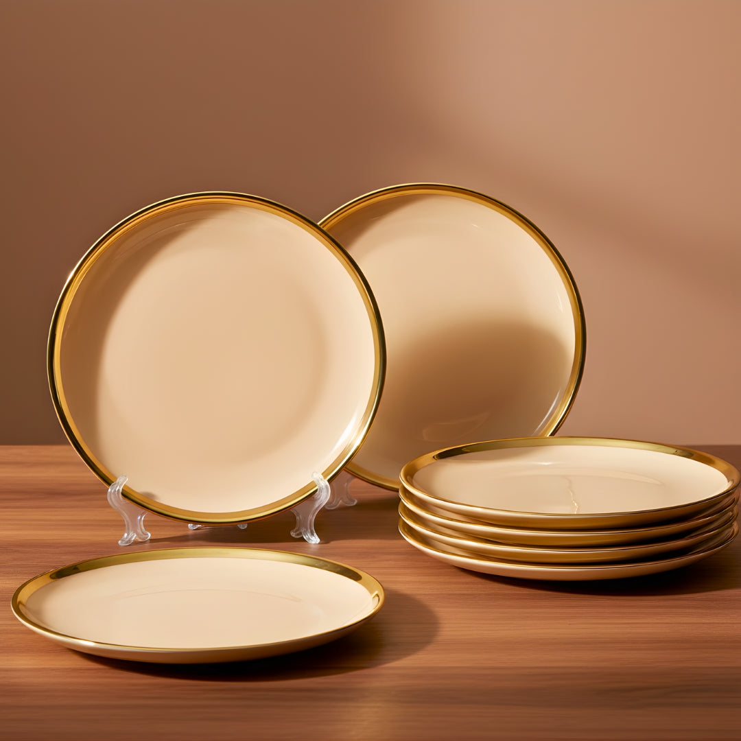 Swasha Porcelain Dinner Plate - Set Of 6 | Tableware | Peach-Golden