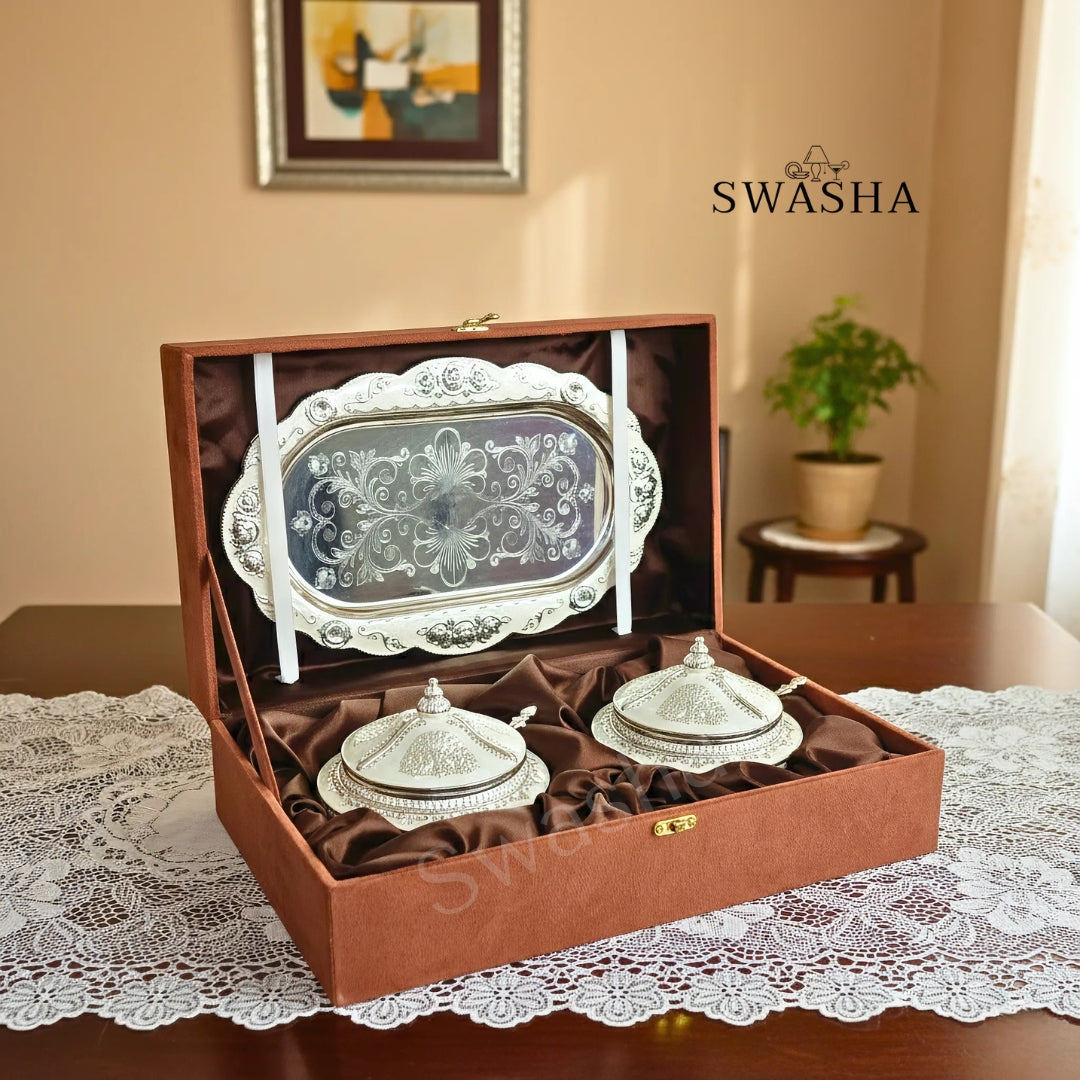 Swasha German Silver Dry Fruits Server Bowls with Tray – Premium Box Gift Set (White)