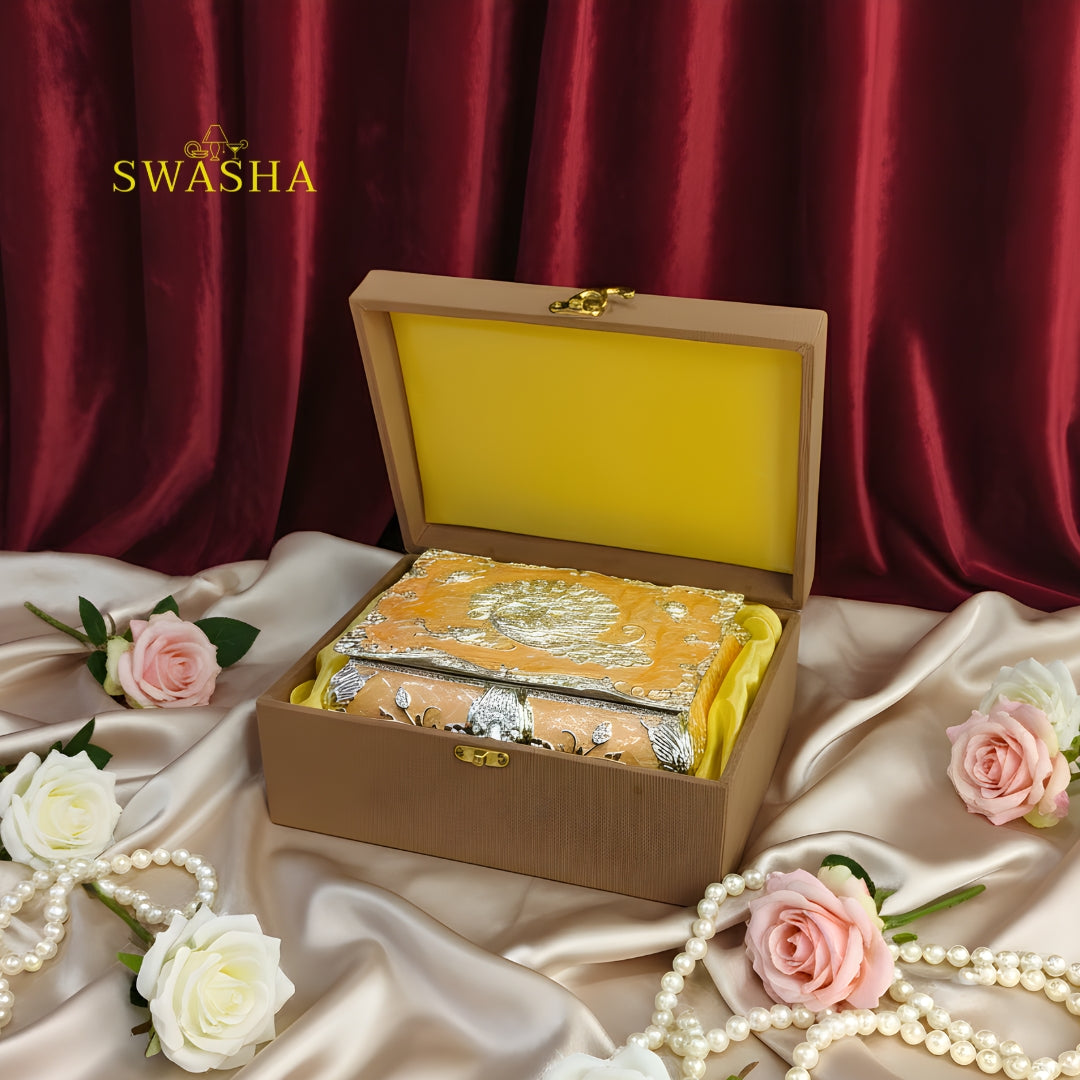 Swasha Silver Finish Jewellery Box | Multipurpose & Premium Gift (Peach)