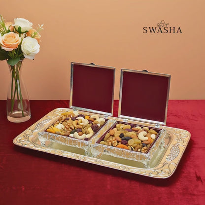 Swasha Peacock Dry Fruit Server | German Silver Bowls with Tray (Peach)