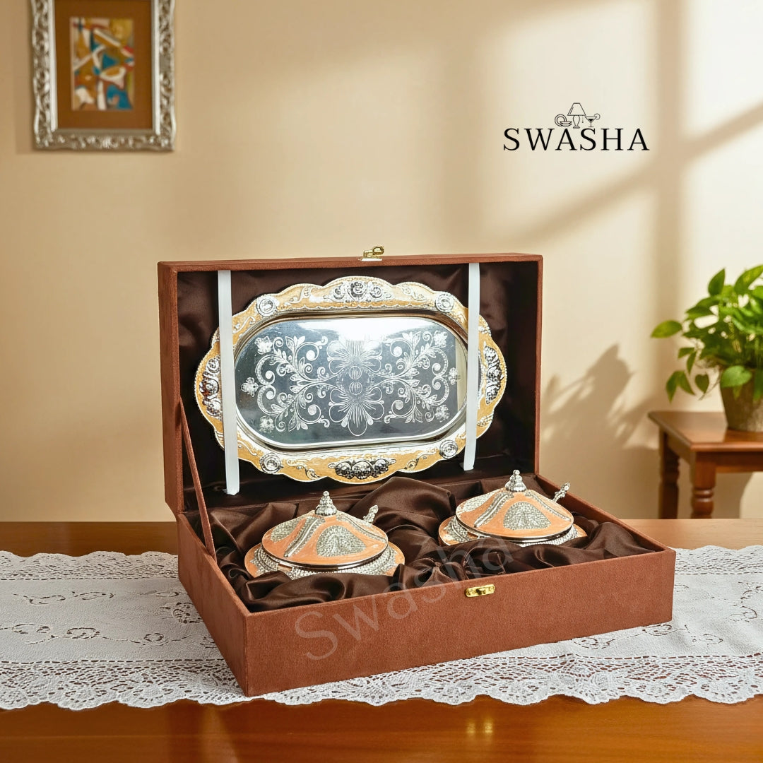 Swasha Silver Dry Fruits Serving Bowls with Tray | Luxury Gift Choice (Peach), Premium Box Packing