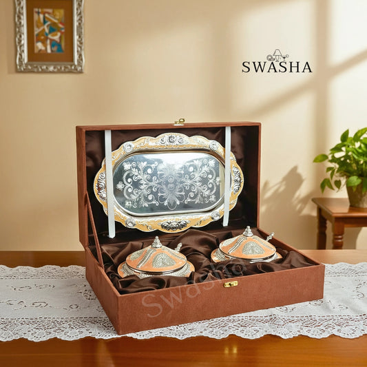 Swasha Silver Dry Fruits Serving Bowls with Tray | Luxury Gift Choice (Peach), Premium Box Packing