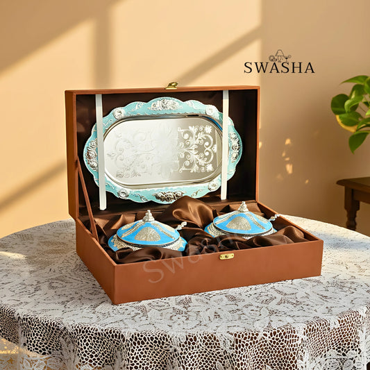 Premium Dry Fruit Server Set With Box – 2 Bowls, 2 Spoons & Tray by Swasha (Blue)